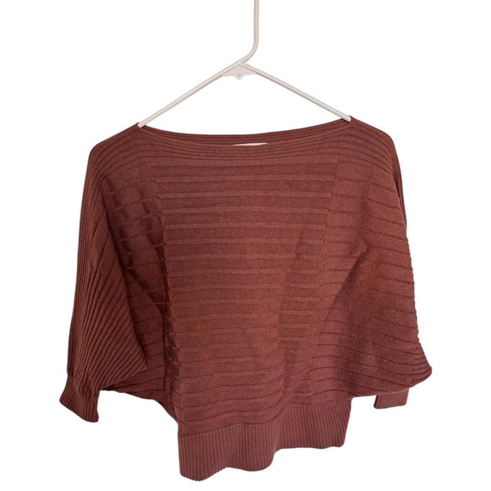 Club Monaco Knit Brown Ribbed Pullover Sweater Boat Neck 3/4 Sleeve S/P WOOL
